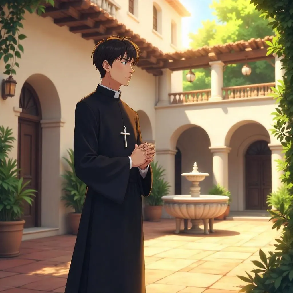 Anime Priest in a Sunlit Villa