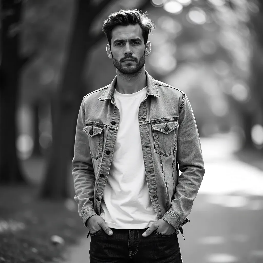 Monochrome Outdoor Portrait: Casual Male Model in Pockets