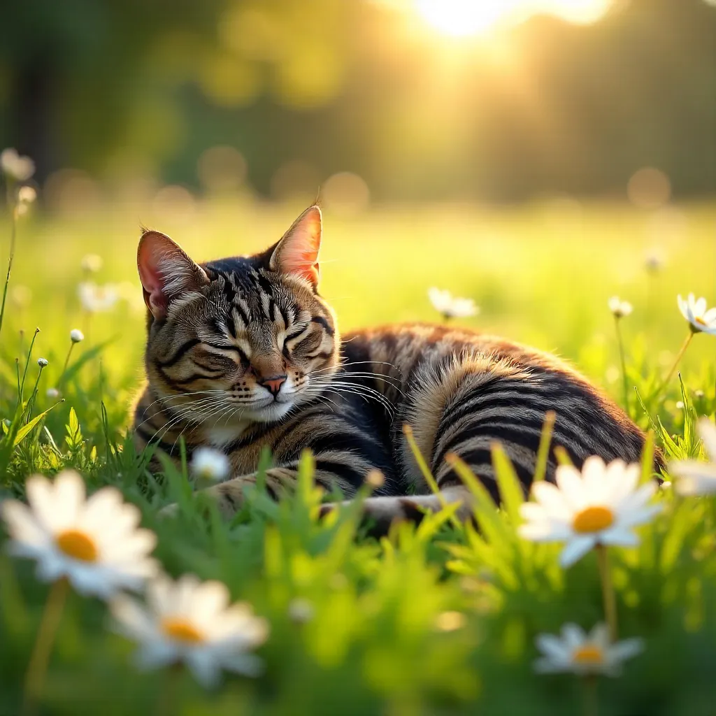 Tranquil Tabby Nap in a Daisy Field