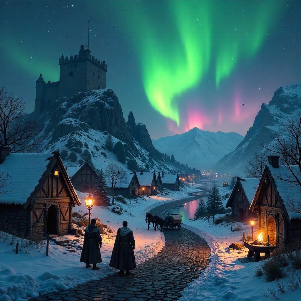 Aurora over a Medieval Village at Night