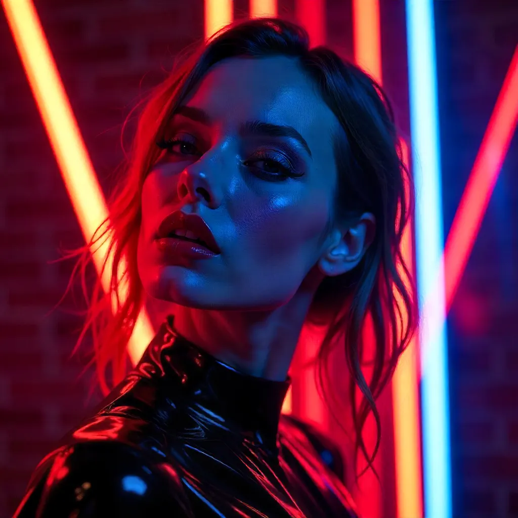 Neon Fury Portrait in Red and Blue Light