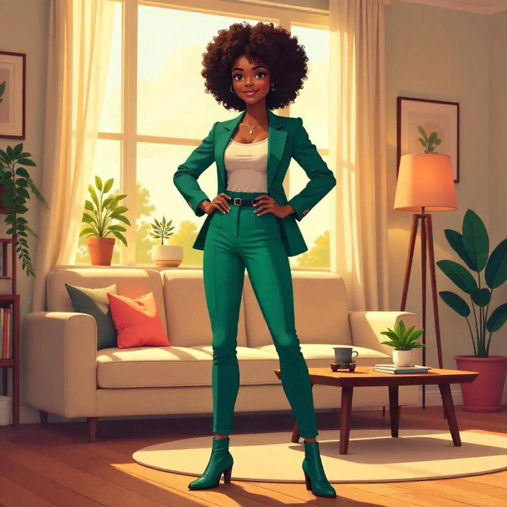 Confident Black Woman in Anime-Style at Home