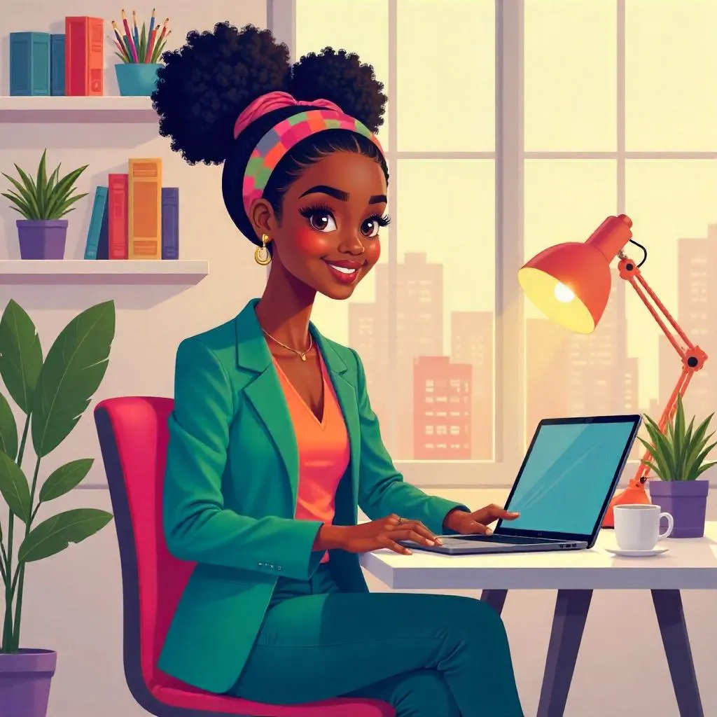 Stylish Black Girl in a Cartoon Workspace