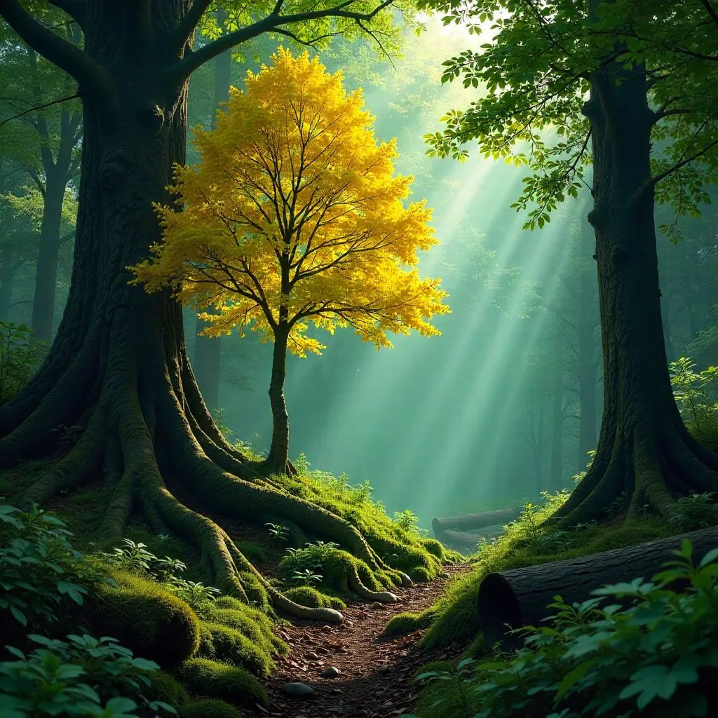 Golden Lone Tree in Verdant Forest