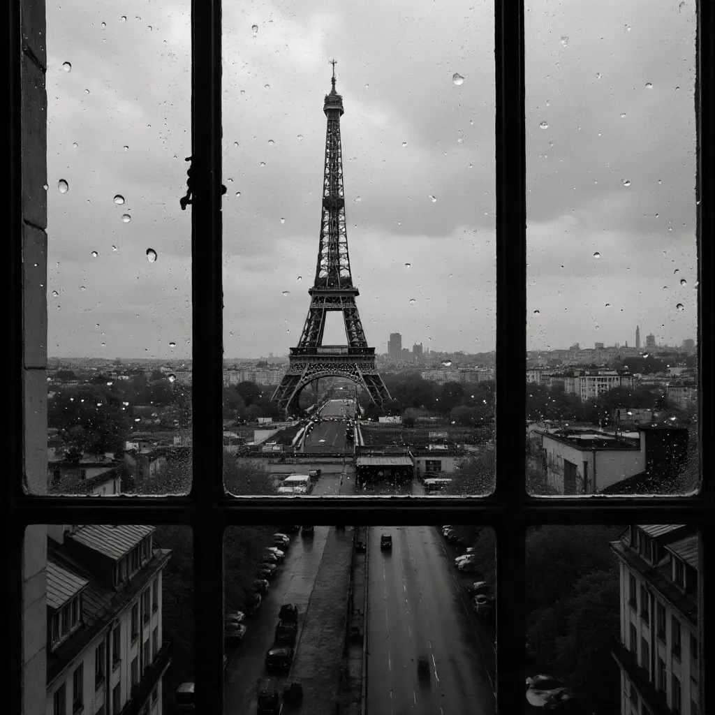 Paris Skyline Through a Wet Window Grid