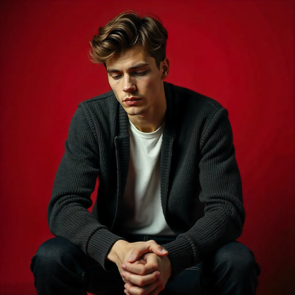 Contemplative Youth on a Red Backdrop