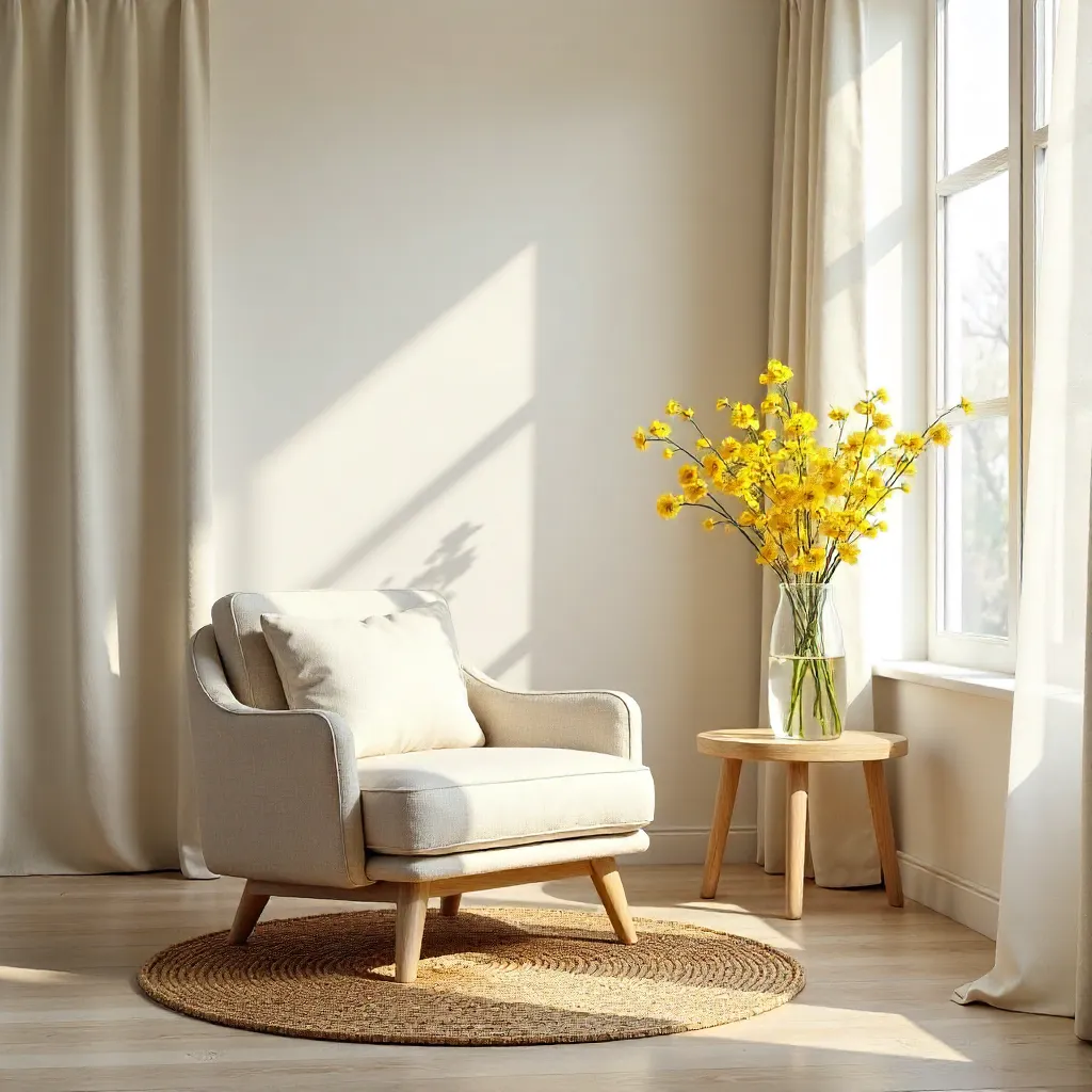 Serene Minimalist Living Room: Beige Armchair & Yellow Vase