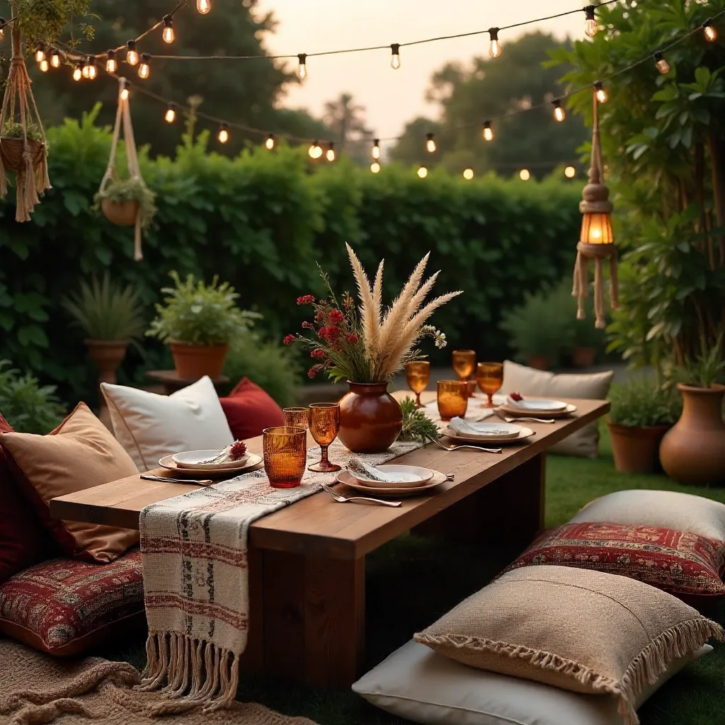 Elegant Boho Garden Dining with Cozy Pillows