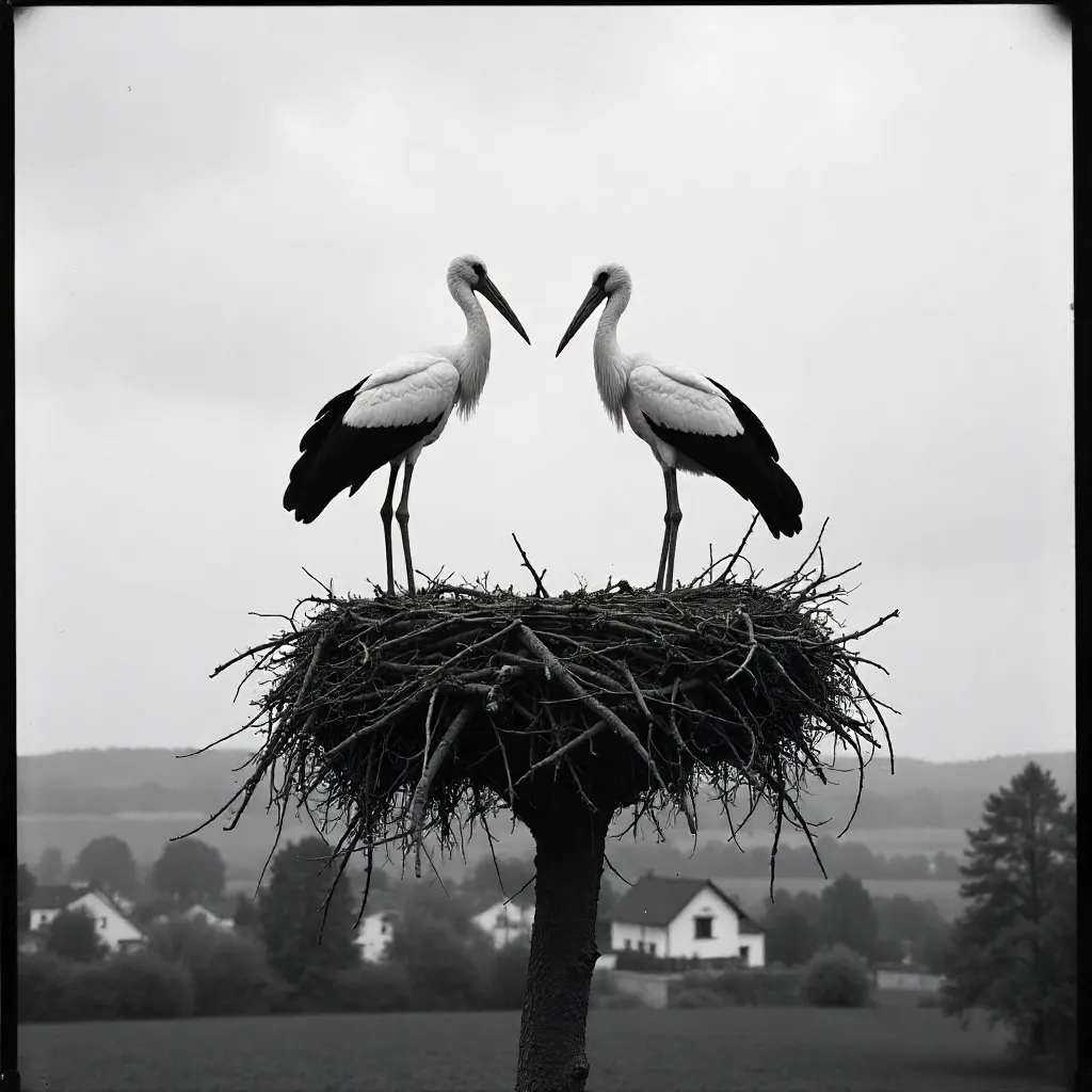 Monochrome Stork Pair in a German Nest