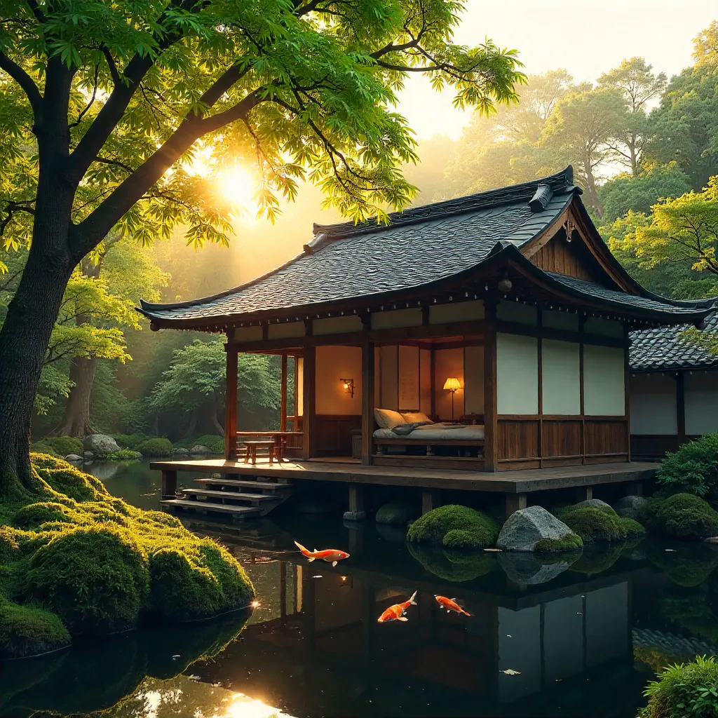 Sunlight on a Japanese Teahouse in the Forest