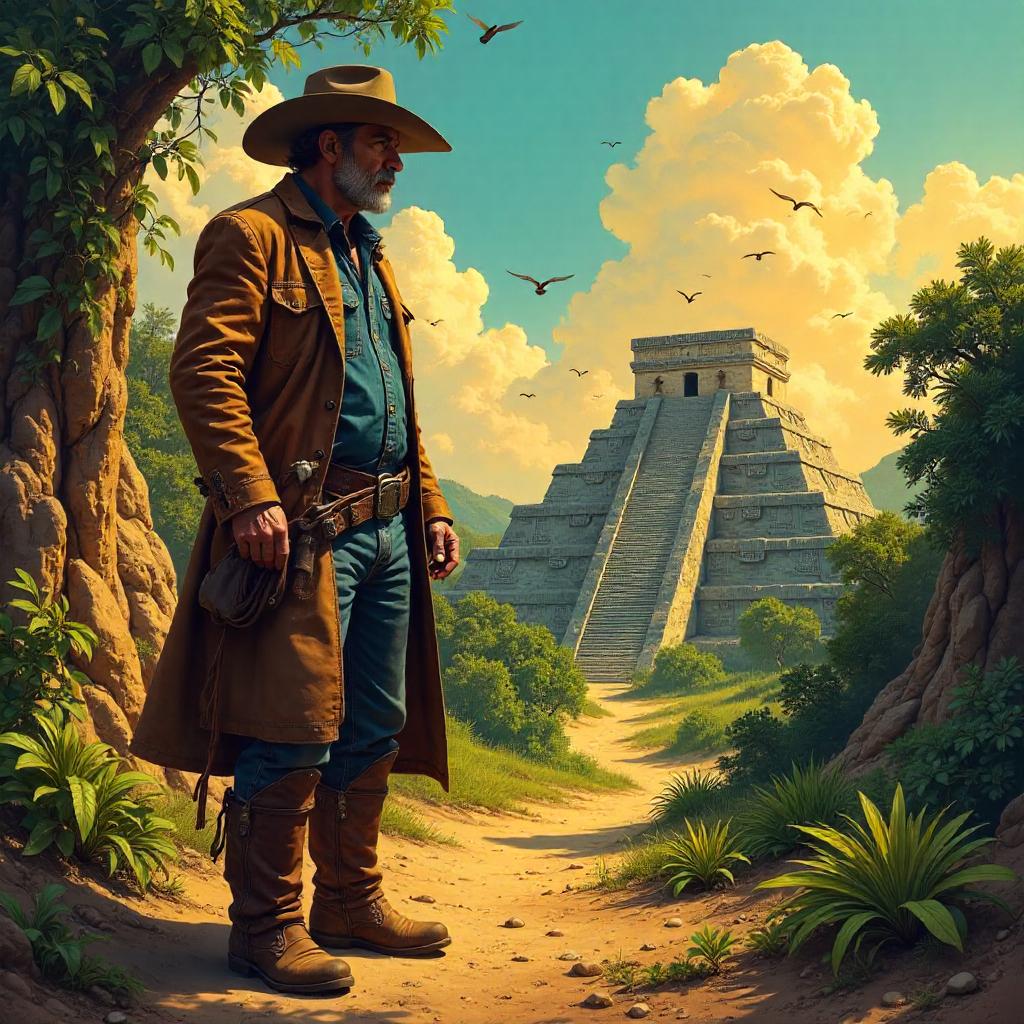 Oil Painting Cowboy Beneath Mayan Ruins at Dusk