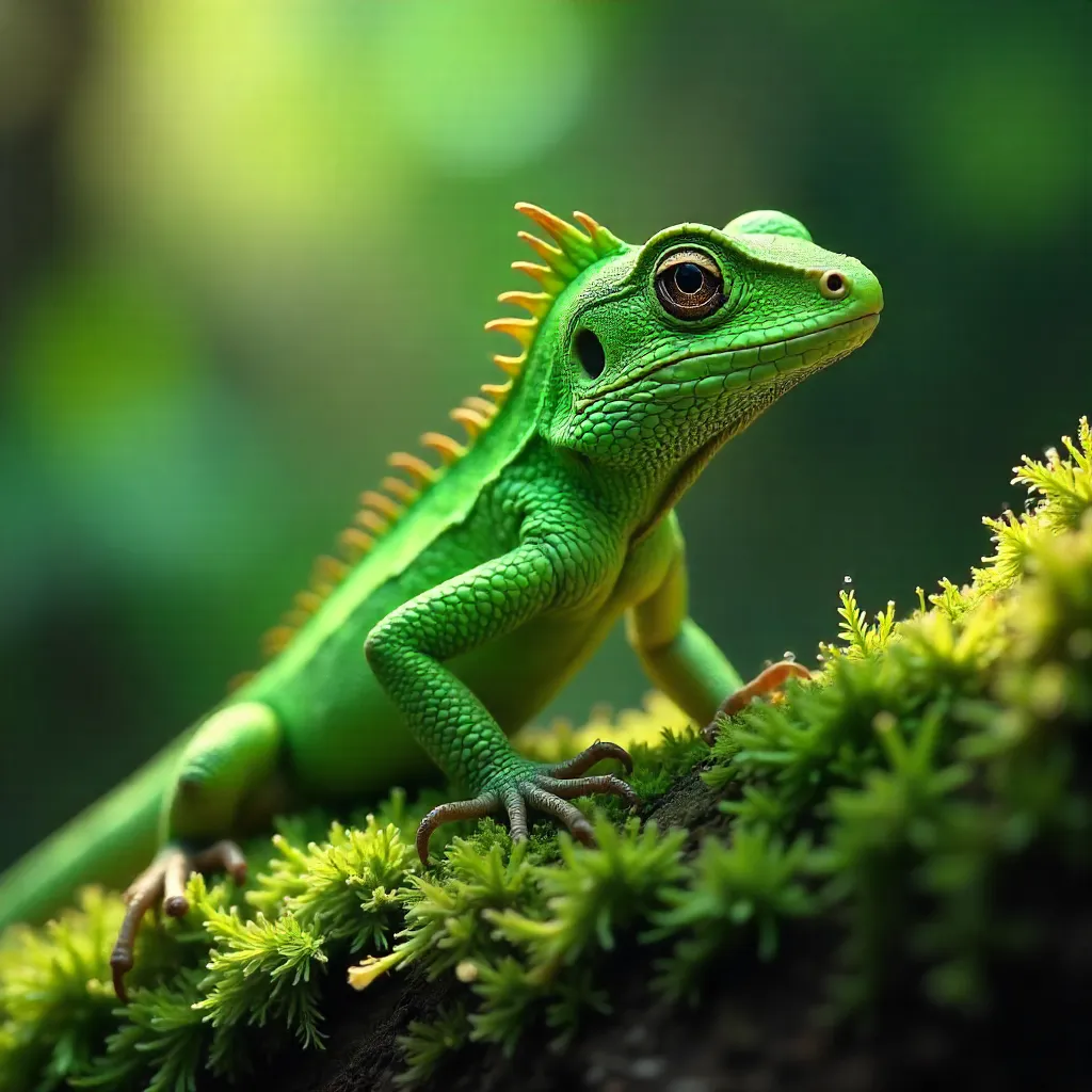Close-Up of Green Basilisk Lizard on Moss