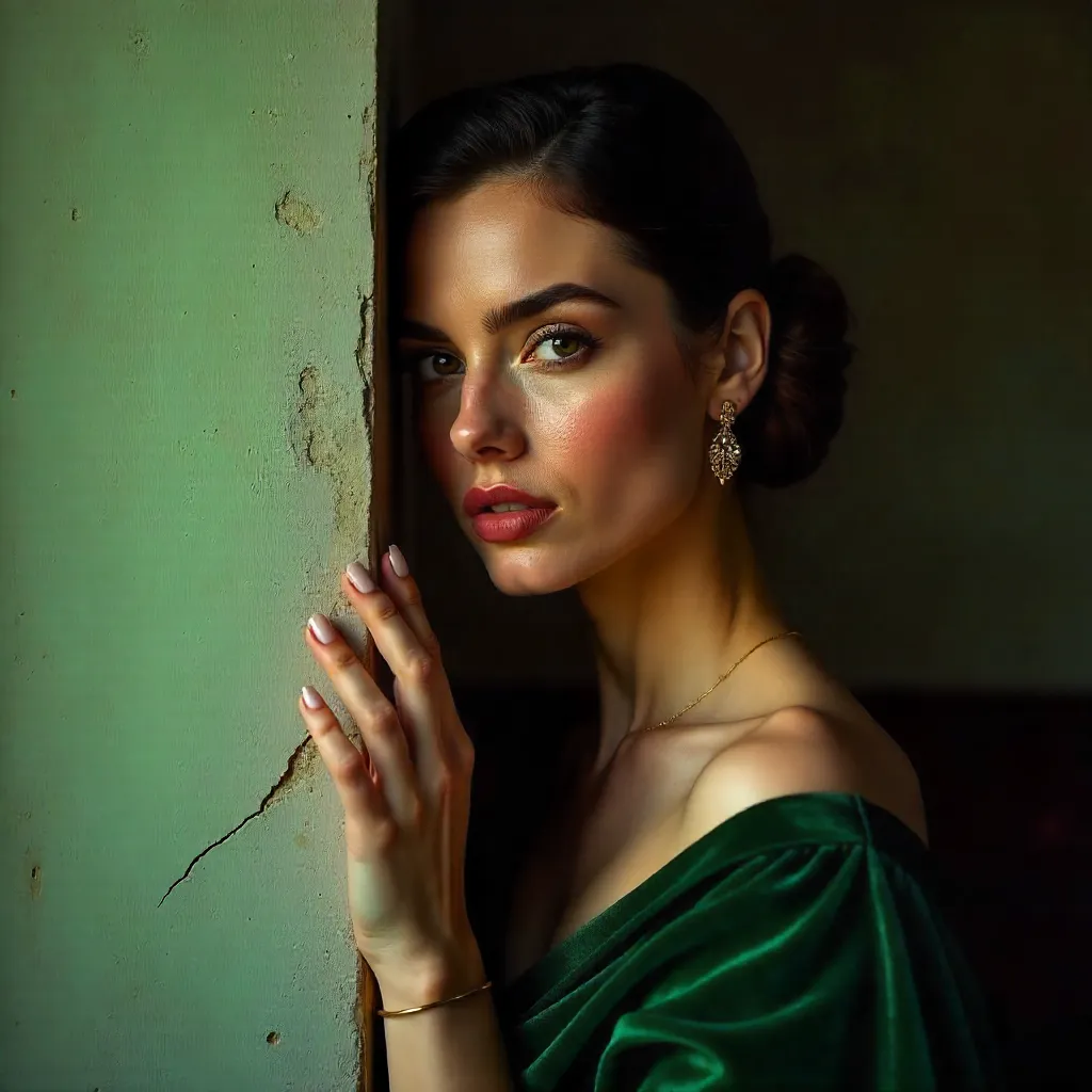 Whispered Veil: Elegant Portrait Hidden by a Wall