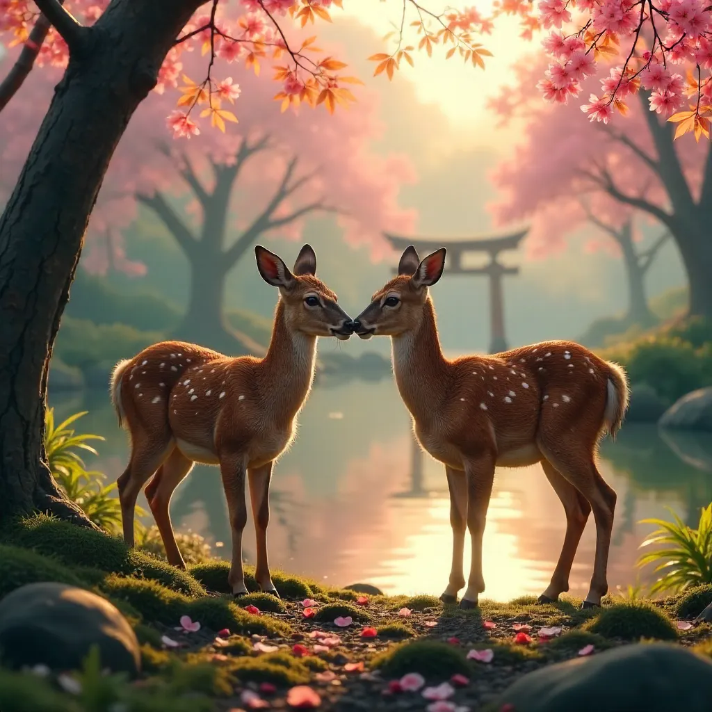 Tender Moment Between Two Deer in Kyoto Park