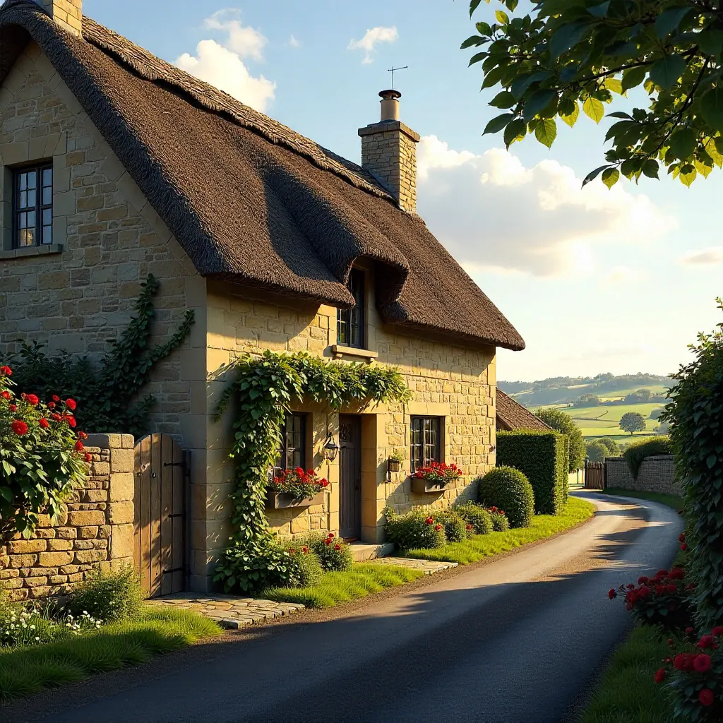 Thatched Cotswolds Cottage in Golden English Countryside