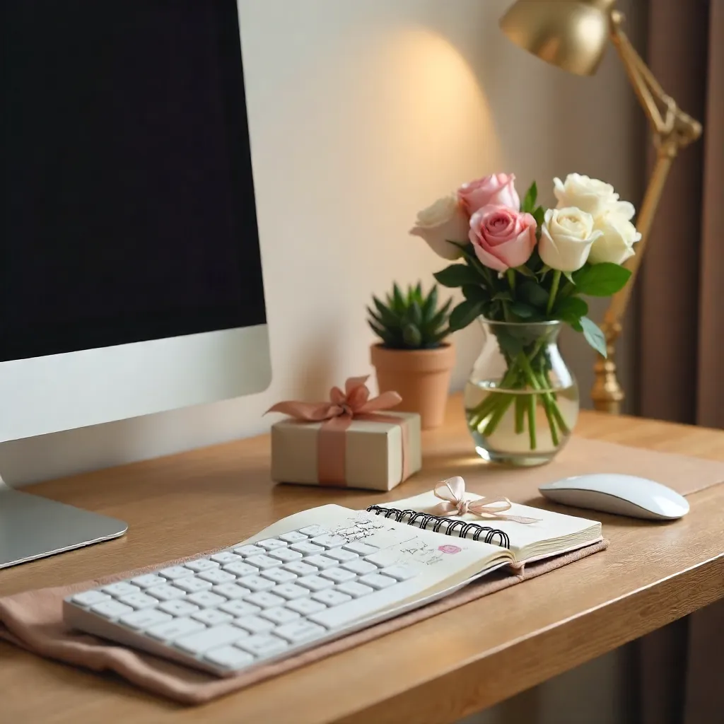 Elegant desk with roses, gift, notebook, and keyboard