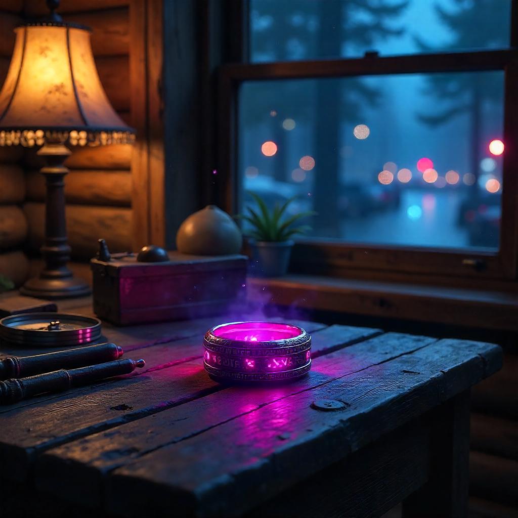 Enchanted Ring in a Cyberpunk Log Cabin