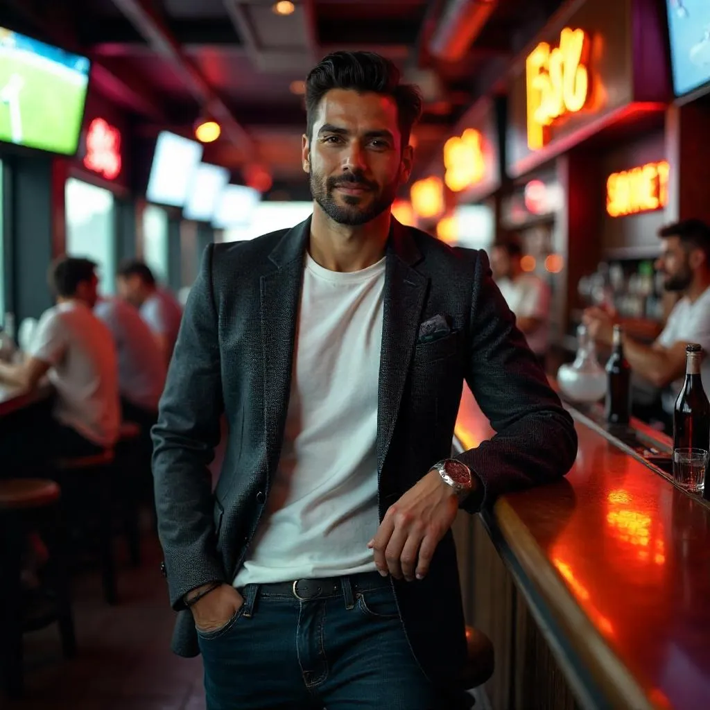 Stylish Latino Man in a Neon Sports Bar