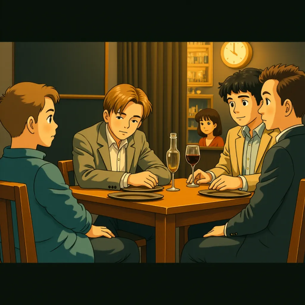 Steve Carell, Hamish Linklater, Jeremy Strong, and Rafe Spall in The Big Short (2015) - Anime style