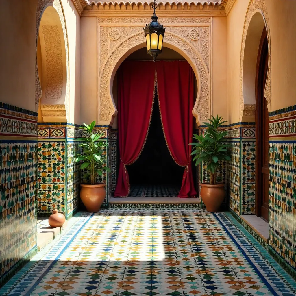 Fès: Colorful Moroccan Mosaic Tiles and Red Curtain