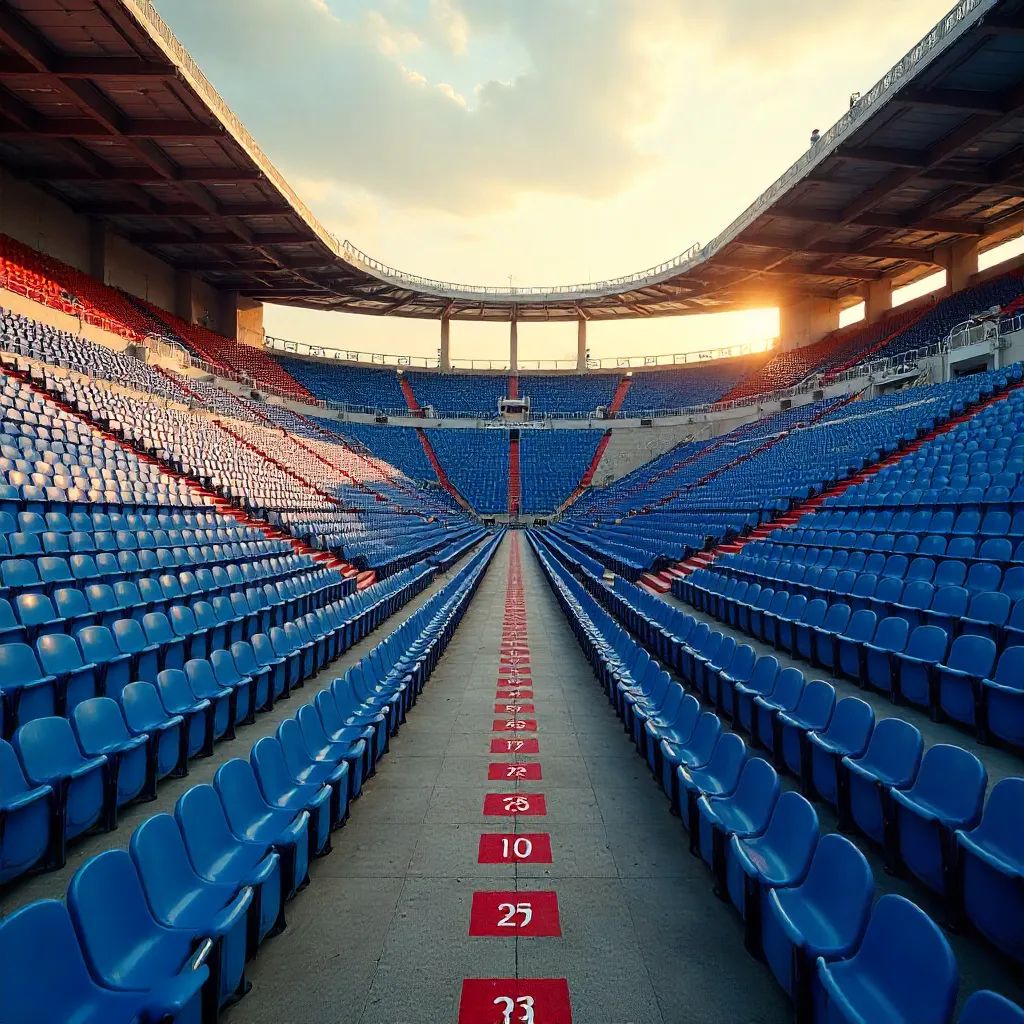 Symmetrical Rotterdam Stadium: Blue Seats & Red Stairs