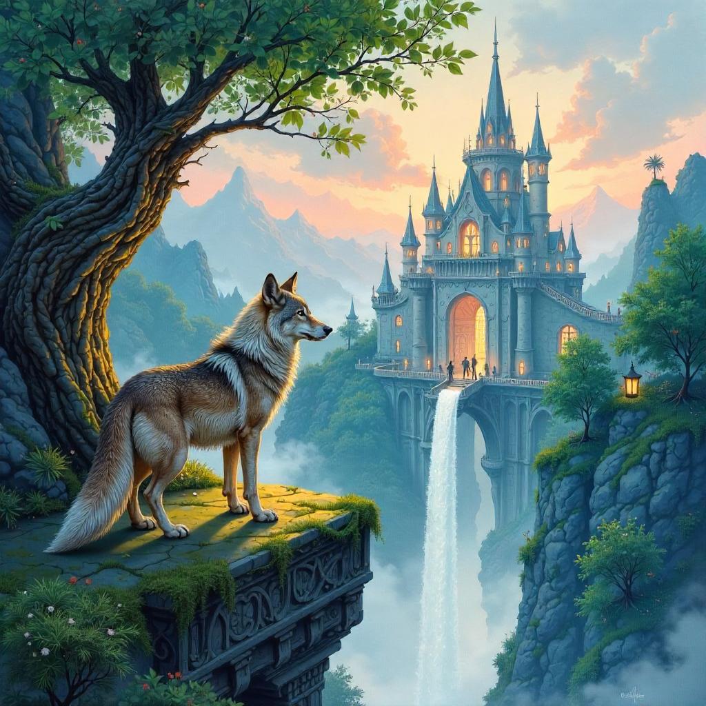 Watercolor Wolf in a Moonlit Elven City