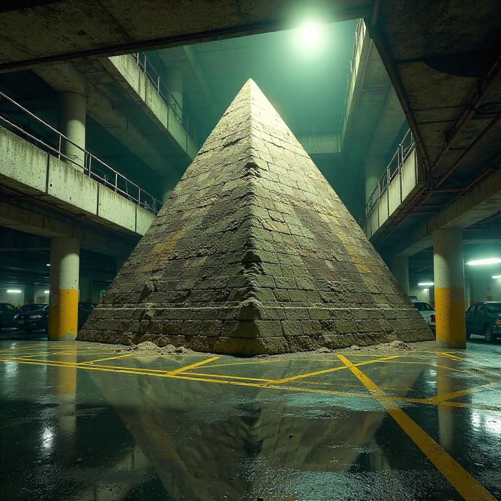 Photorealistic Pyramid in a Dim Parking Garage