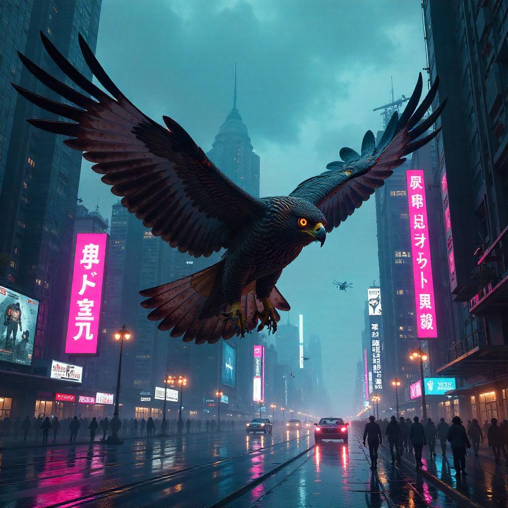 Hawk of Neon Skies: Futuristic City Concept Art
