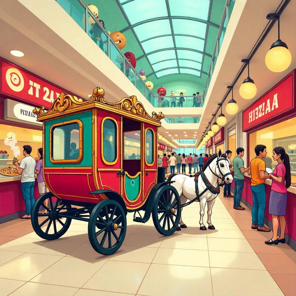 Whimsical Carriage in a Busy Food Court