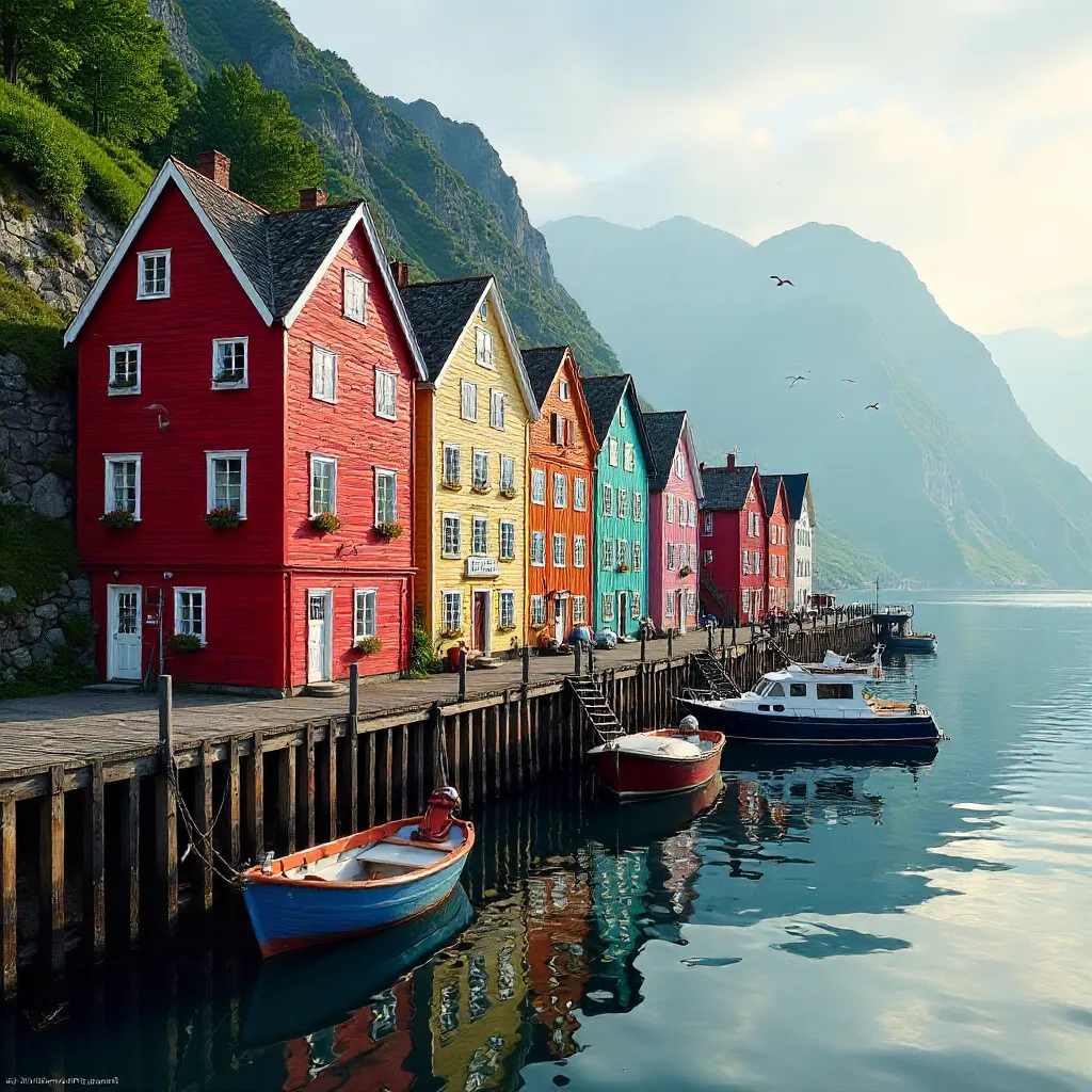 Colorful hillside houses by Bergen harbor, Norway