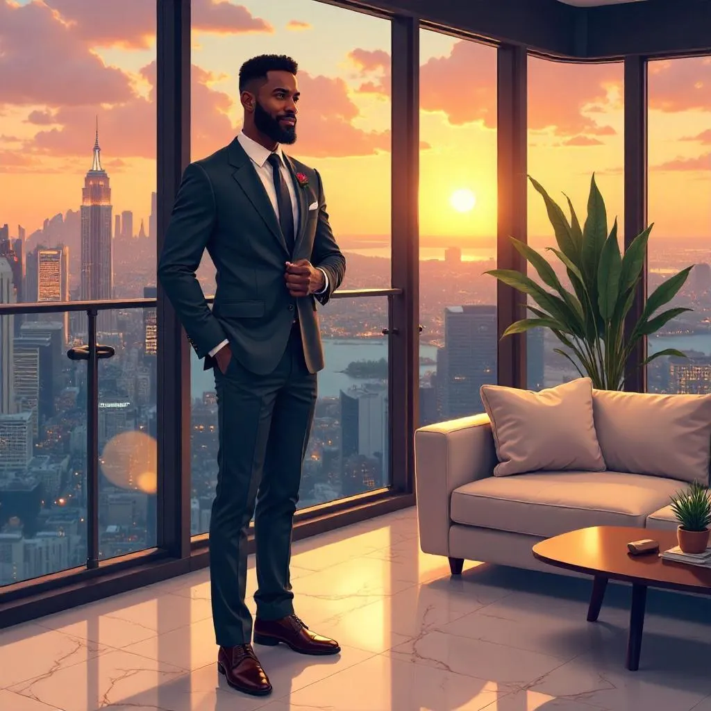 Elegant Black Man in a Penthouse Cartoon Portrait