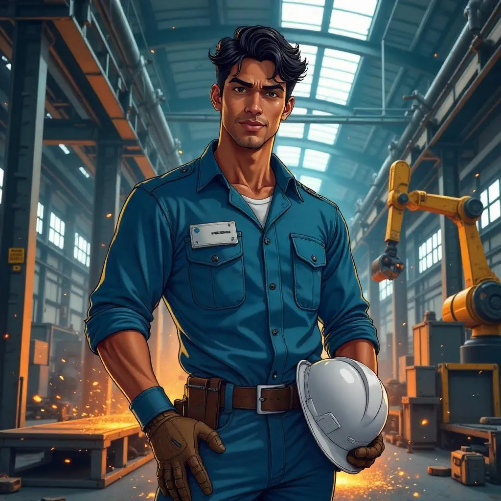 Handsome Indian Man in an Anime Factory Scene