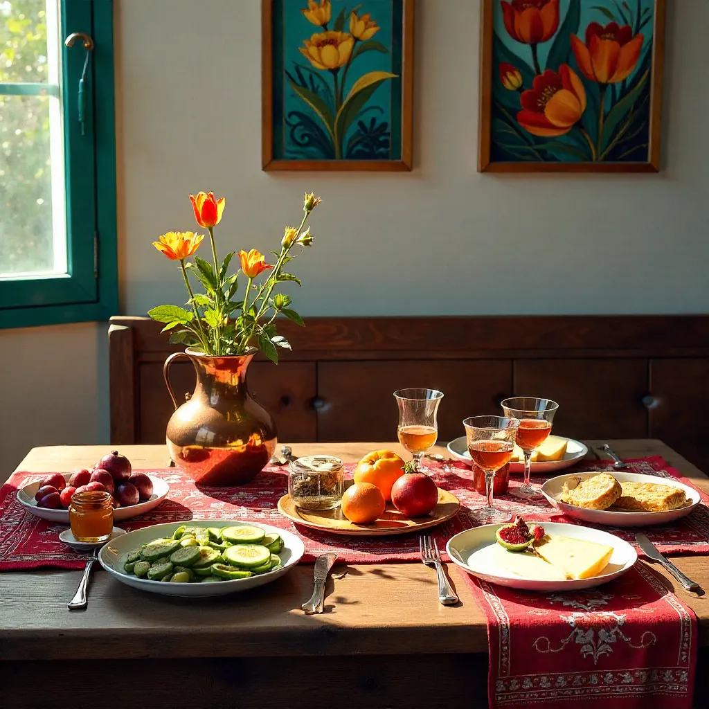 Sunlit Turkish Kahvaltı: Breakfast with Fruit and Wall Art