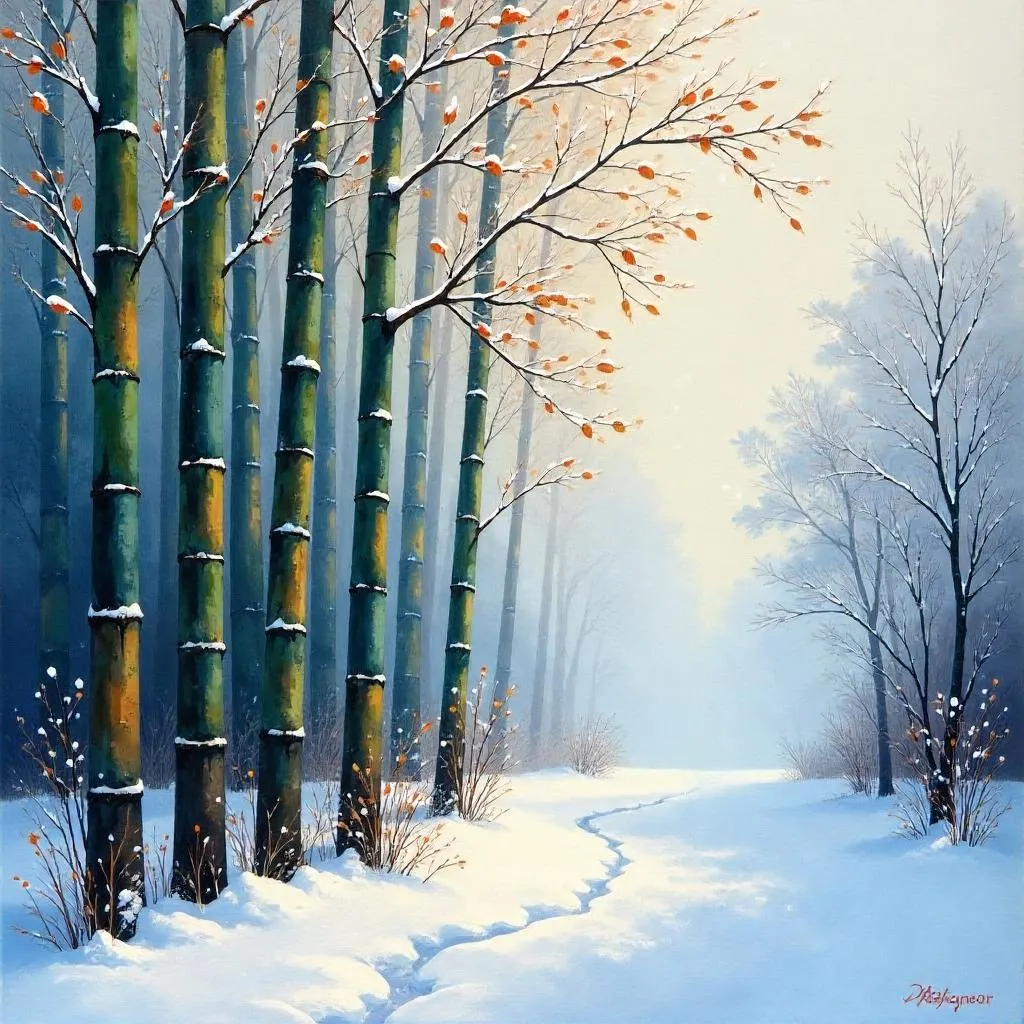 Snowy Bamboo Grove in Oil Painting