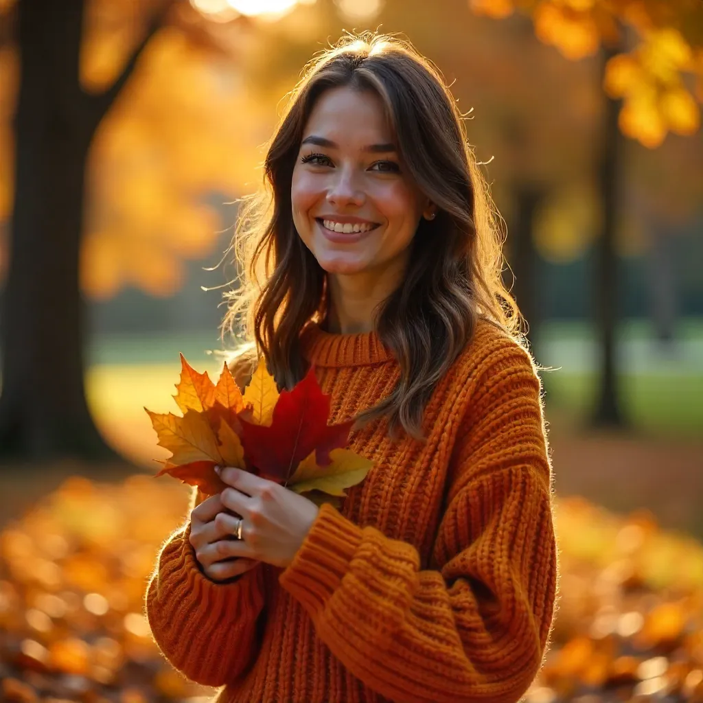 Autumn Glow: Woman in Orange Sweater with Leaves