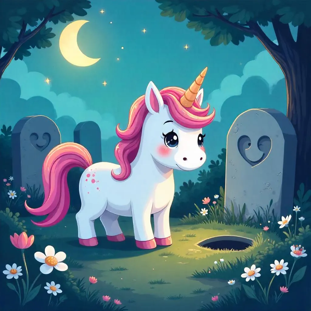 Cartoon Unicorn in a Moonlit Graveyard