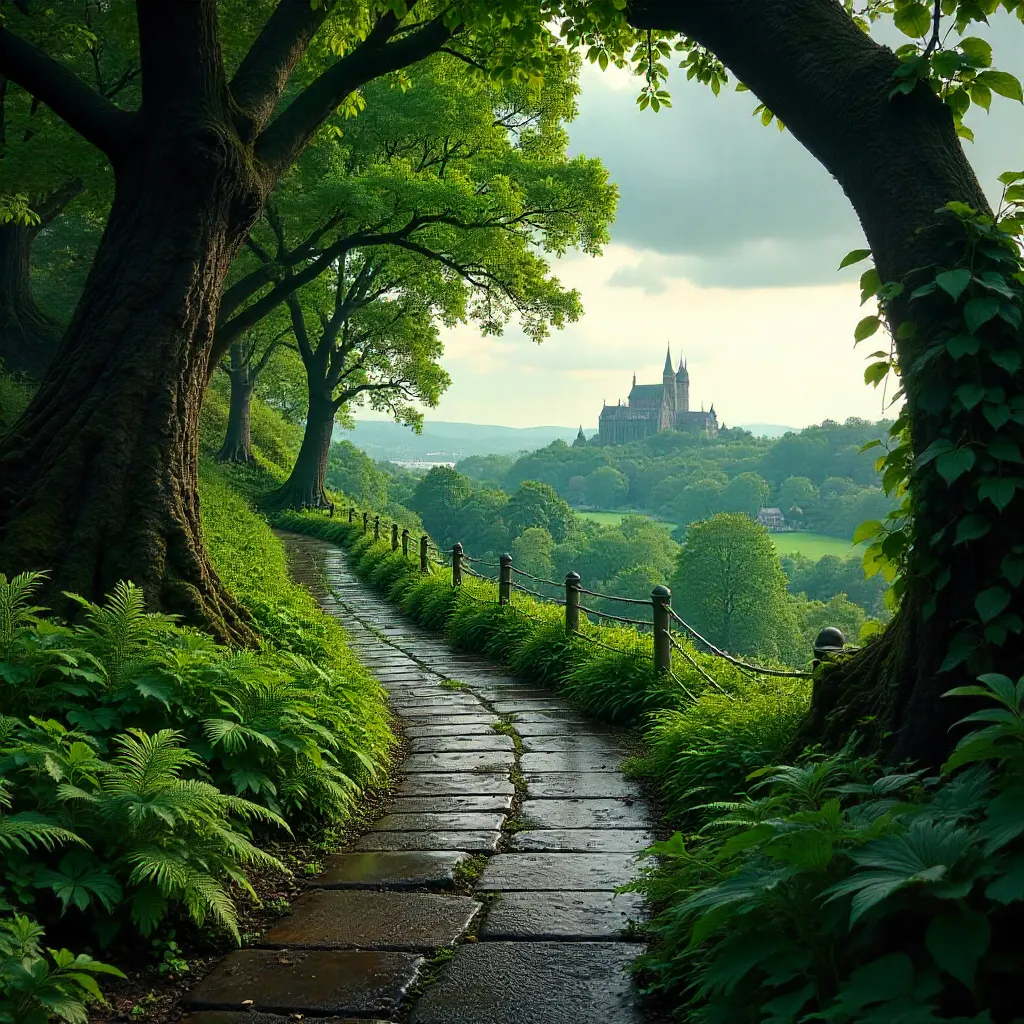 Walkway Through Lush Greenery to Distant Spires