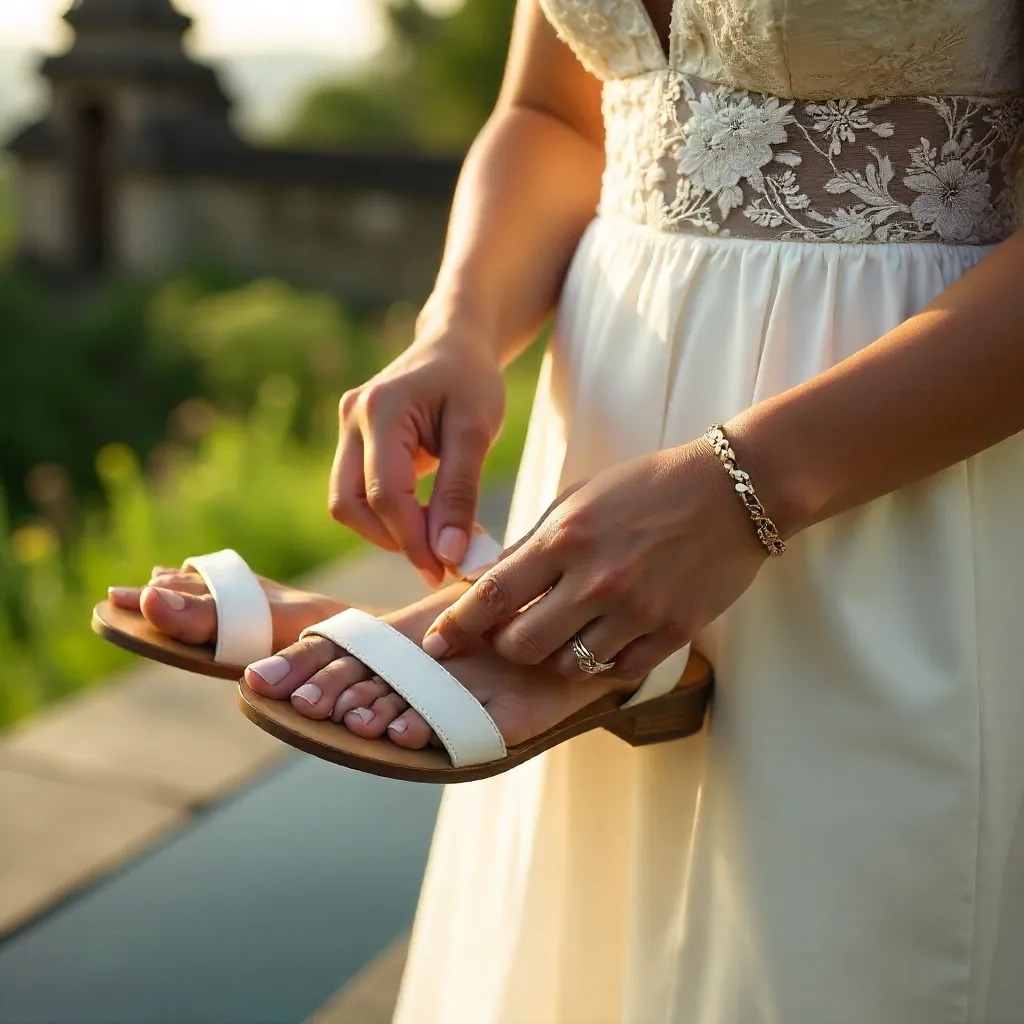 Close-Up Bride Adjusting White Sandals in Bali