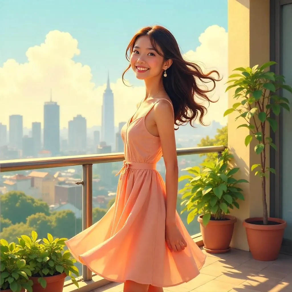 Sunny Terrace Portrait of a Cheerful Asian Woman