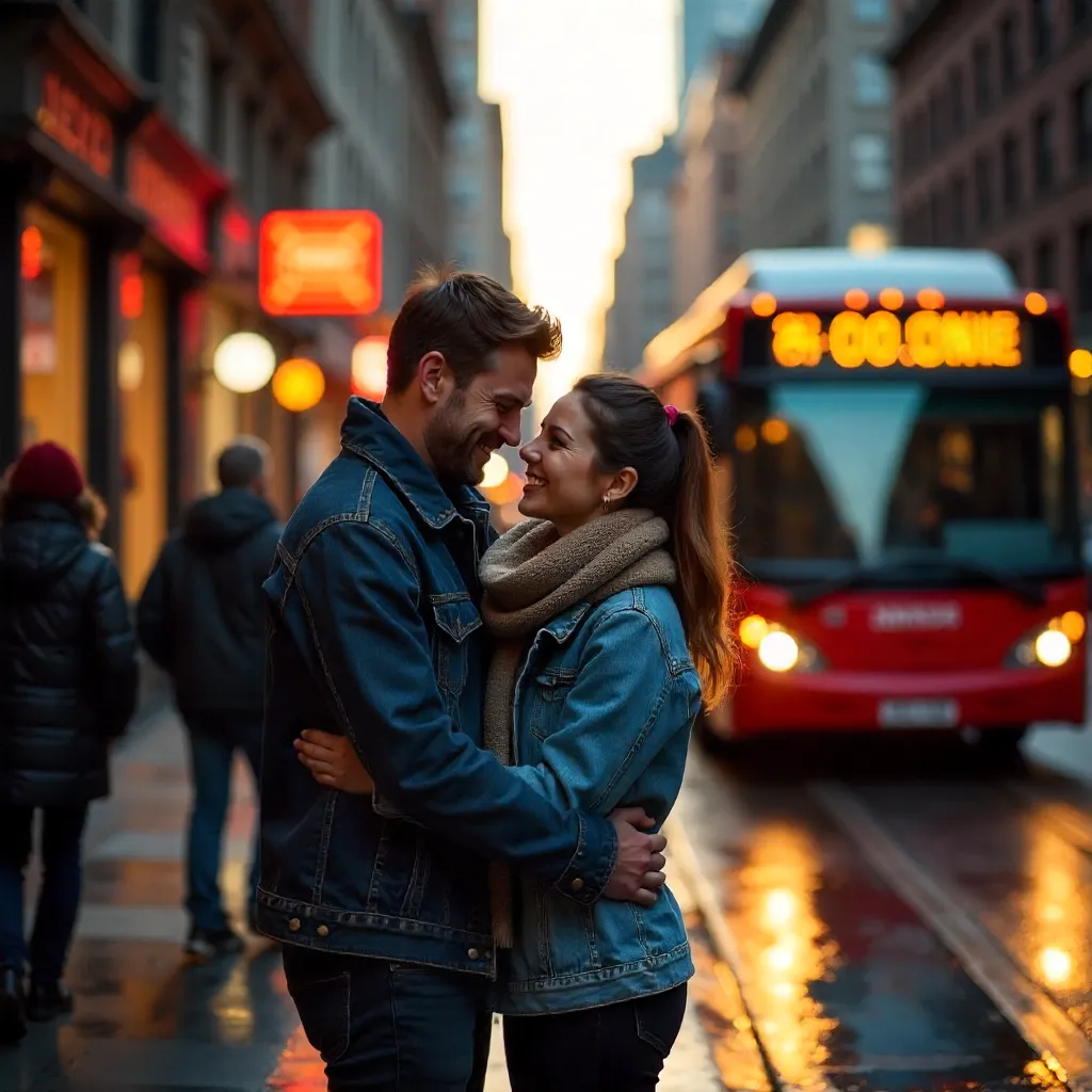 Embrace on the City Street as Red Bus Passes