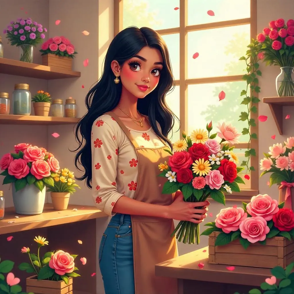 Anime Flower Shop Portrait of a Young Indian Woman