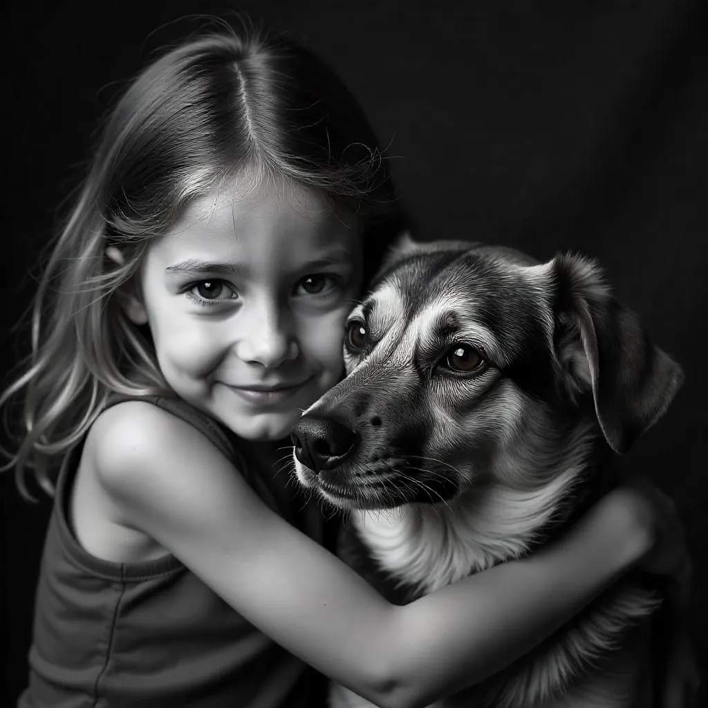 Black-and-White Portrait: Girl Embracing a Dog