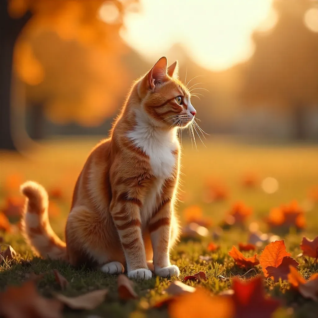 Sunlit Field Cat Among Autumn Leaves