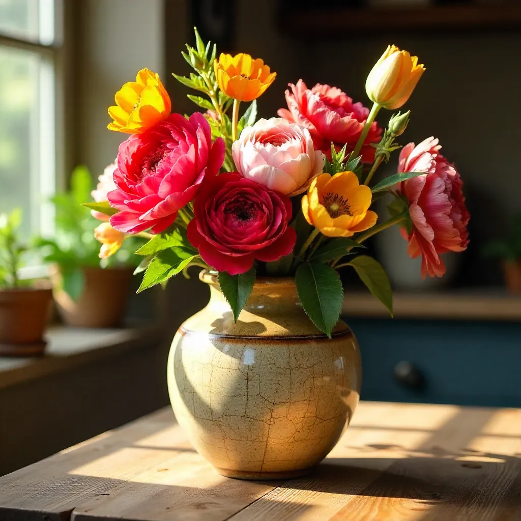 Sunlit Rustic Vase with Vibrant Flowers
