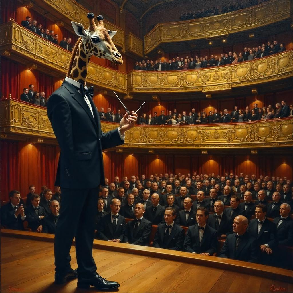 The Giraffe Conductor in an Opulent Concert Hall