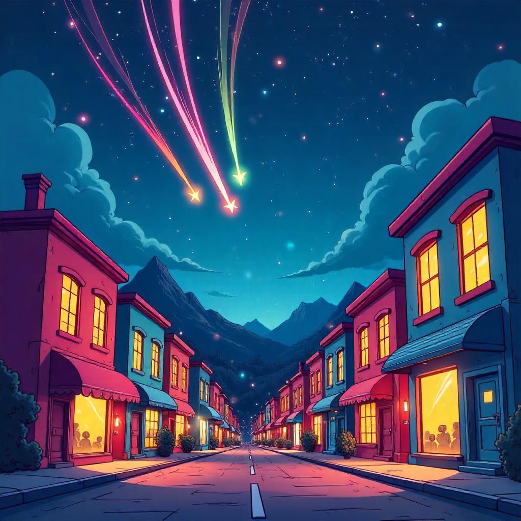 Cartoon City Under a Meteor Shower