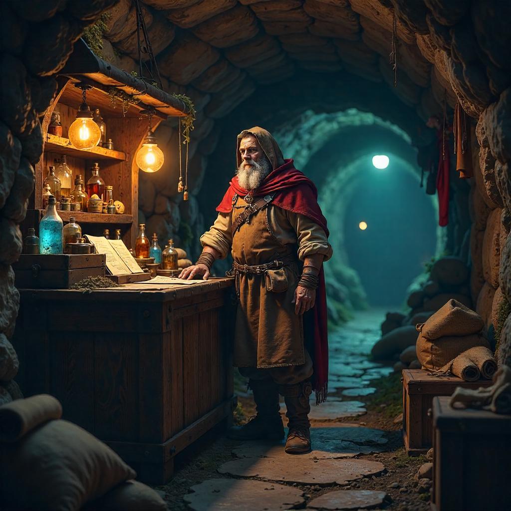 Photorealistic Dungeon Merchant at the Stall
