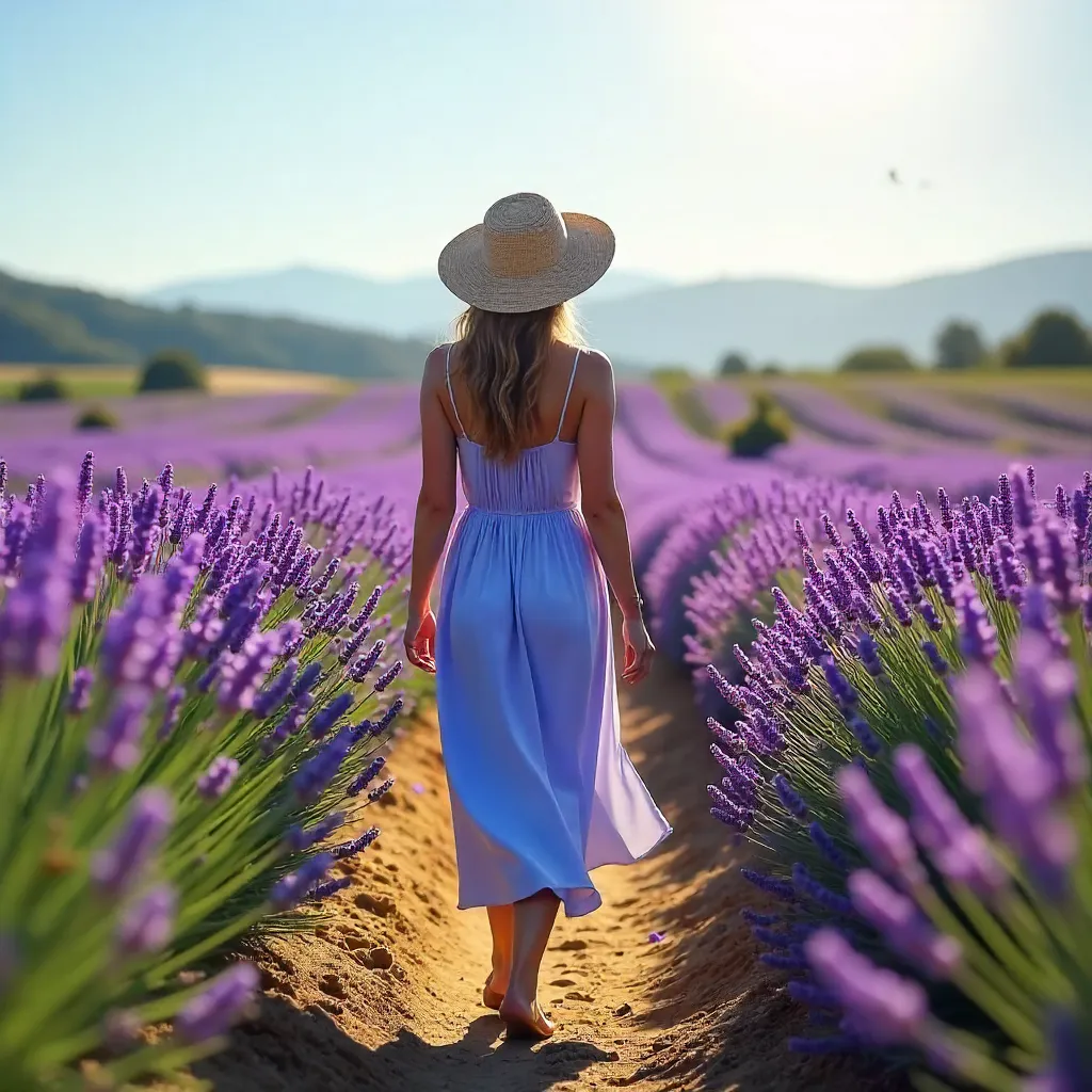 Woman in a Straw Hat Walking Through Lavender Fields