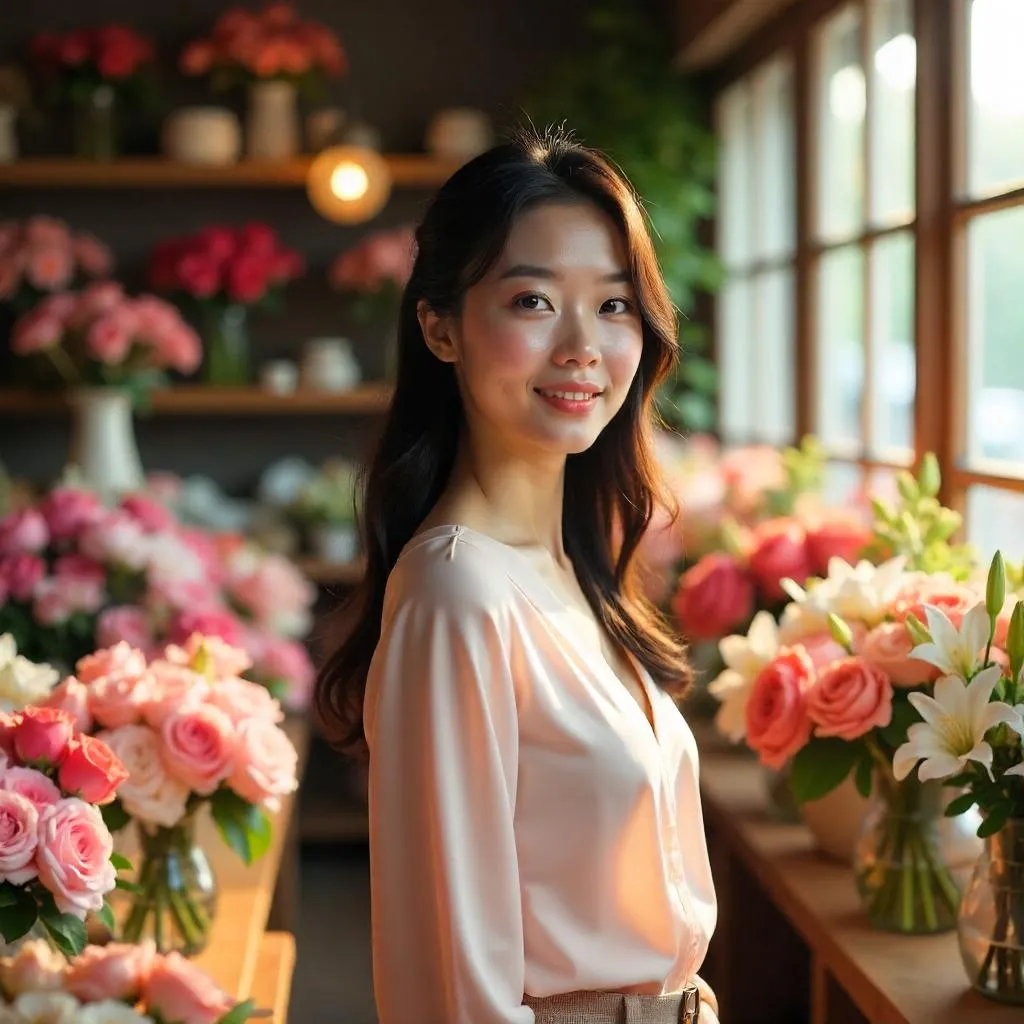 Radiant Asian Woman in a Flower Shop