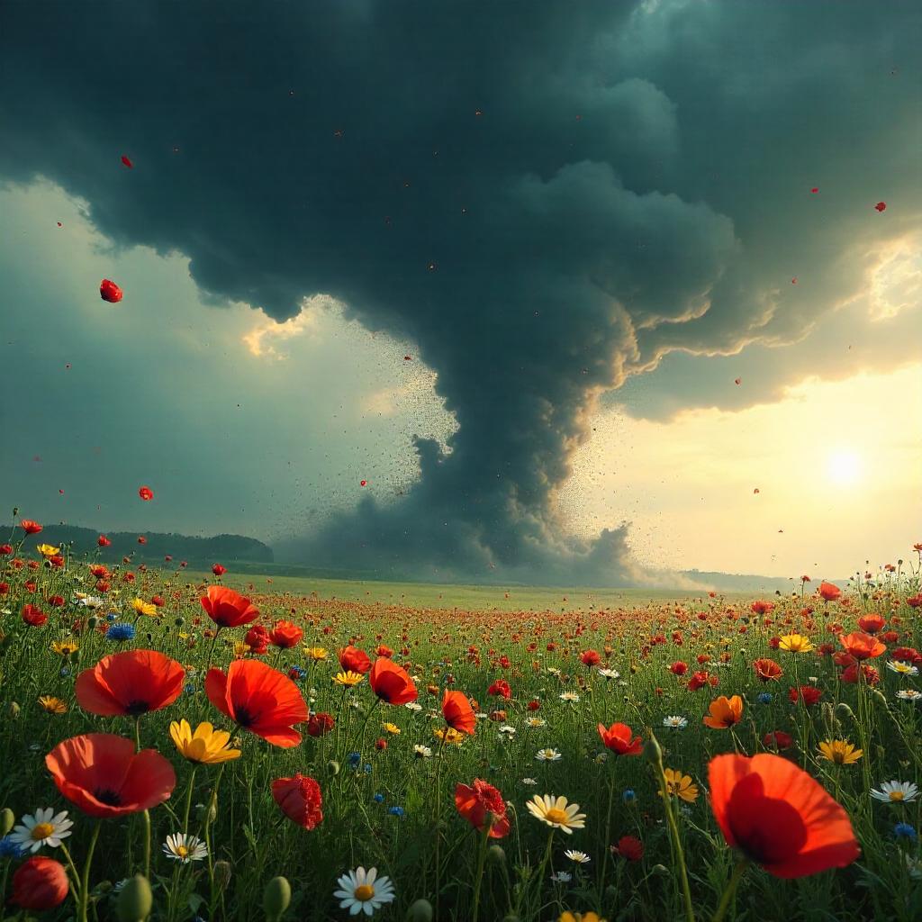 Photorealistic Tornado Over a Flower Field